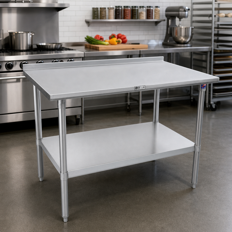 Product image #2 for John Boos Stallion 48" x 24" 14-Gauge 300 Series Stainless Steel Work Table with 1-1/2" Rear Up-Turn