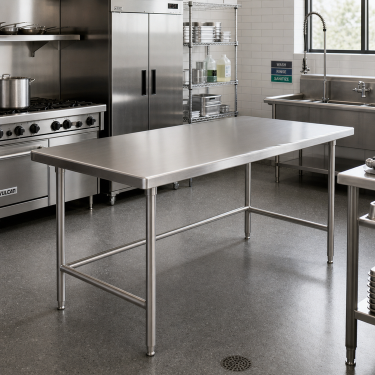 Product image #2 for Advance Tabco 60-Inch x 36-Inch 14 Gauge 304 Stainless Steel Flat Top Work Table with Marine Edge and Open Base