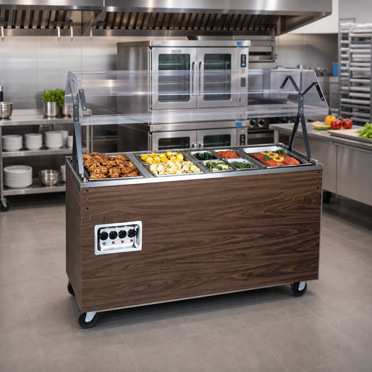 Product image #2 for Vollrath 2-Series 4-Well Mobile Hot Food Station with Enclosed Storage Base, Buffet-Style Breath Guard, Cherry Woodgrain