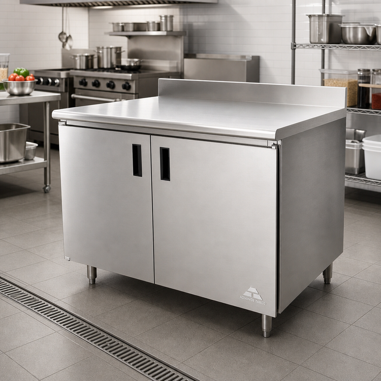 Product image #2 for Advance Tabco Special Value Enclosed Work Table with Cabinet Base, Mid-Shelf & Hinged Doors, 36 Inch W x 30 Inch D, 16 Gauge 304 Stainless Steel Top, 5 Inch Backsplash