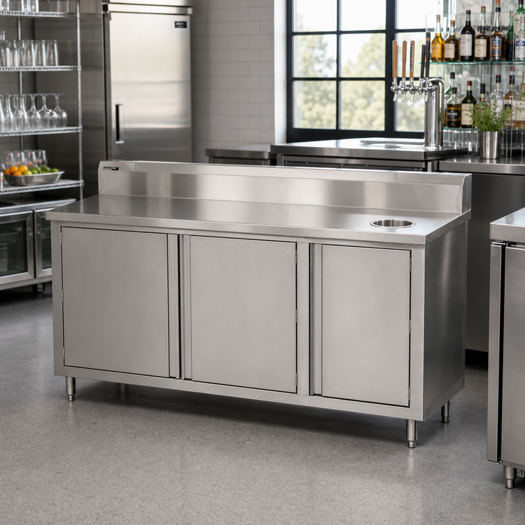 Product image #2 for John Boos 48-Inch x 36-Inch Stainless Steel Beverage Unit with Right Trash Chute and Cabinet Base