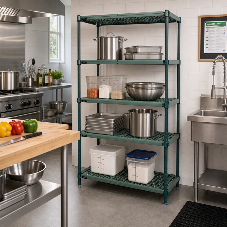 Product image #2 for Quantum 4-Tier Wire Plastic Mat Shelving Unit, 24W x 21D x 86H, Stationary, Green Epoxy Coated
