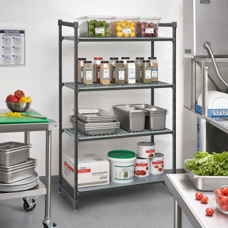Product image #2 for Cambro Camshelving® Basics Plus 4-Tier Stationary Starter Unit, 21 x 42 x 64 Inches, Vented and Solid Shelves