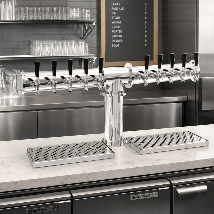 Product image #2 for Glastender PT-10-MFR 10-Faucet Countertop Glycol-Cooled Pipe Tee Draft Dispensing Tower, Mirror Finish