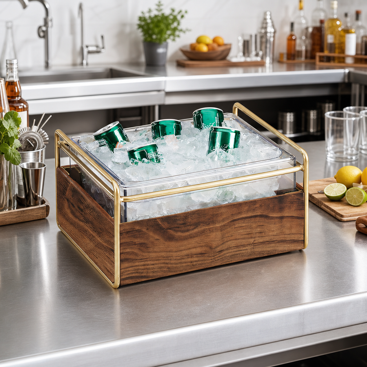Product image #2 for Mid-Century Rectangular Ice Housing with Clear Polycarbonate Pan, Wood and Brass Frame, 11-1/4"W x 13-3/4"D x 7-1/4"H