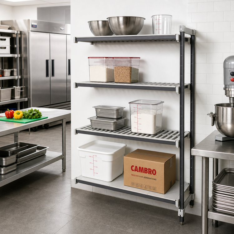 Product image #2 for Cambro Camshelving® Elements XTRA Stationary Add-On Polymer Shelving Unit, 24" x 36" x 64", 4-Tier, Vented and Solid, Speckled Gray