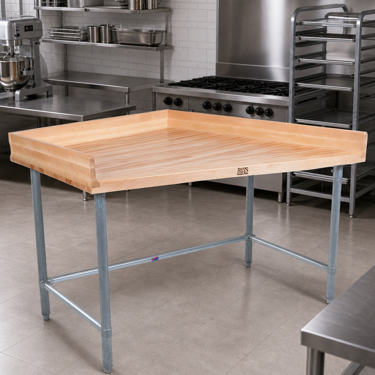 Product image #2 for John Boos 108 Inch x 24 Inch Bakers' Table with 1-3/4 Inch Maple Top, 4-Inch Coved Riser, and Galvanized Base