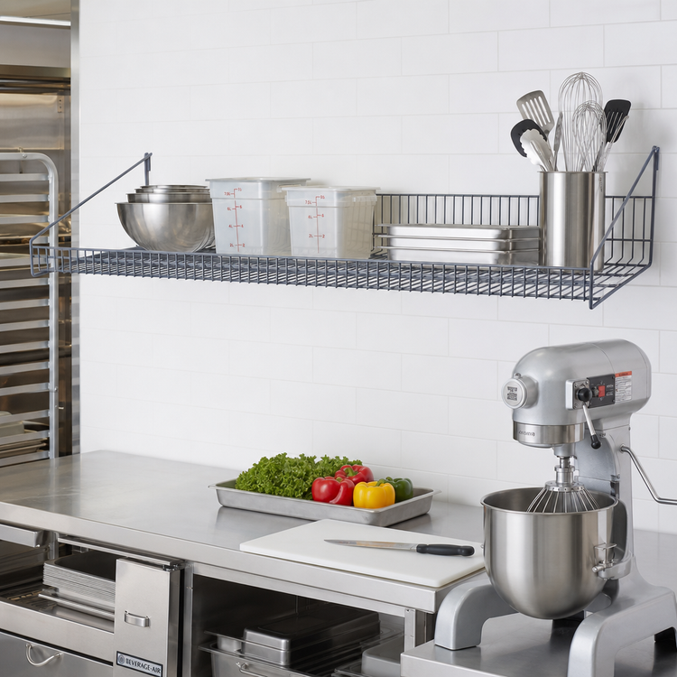 Product image #2 for Wall-Mounted Store Grid Shelf with Retaining Front Edge, 48 x 18 x 7-1/2 Inches, Gray Epoxy Finish