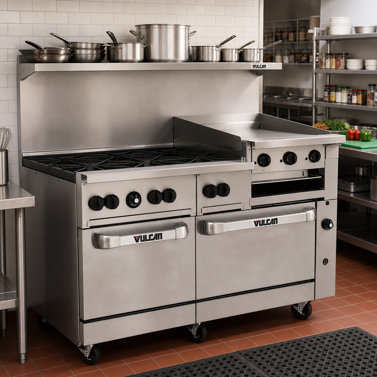 Product image #3 for Vulcan Endurance 60-Inch Gas Restaurant Range with 6 Open Burners, 24-Inch Thermostatic Griddle, Standard Oven, and Convection Oven
