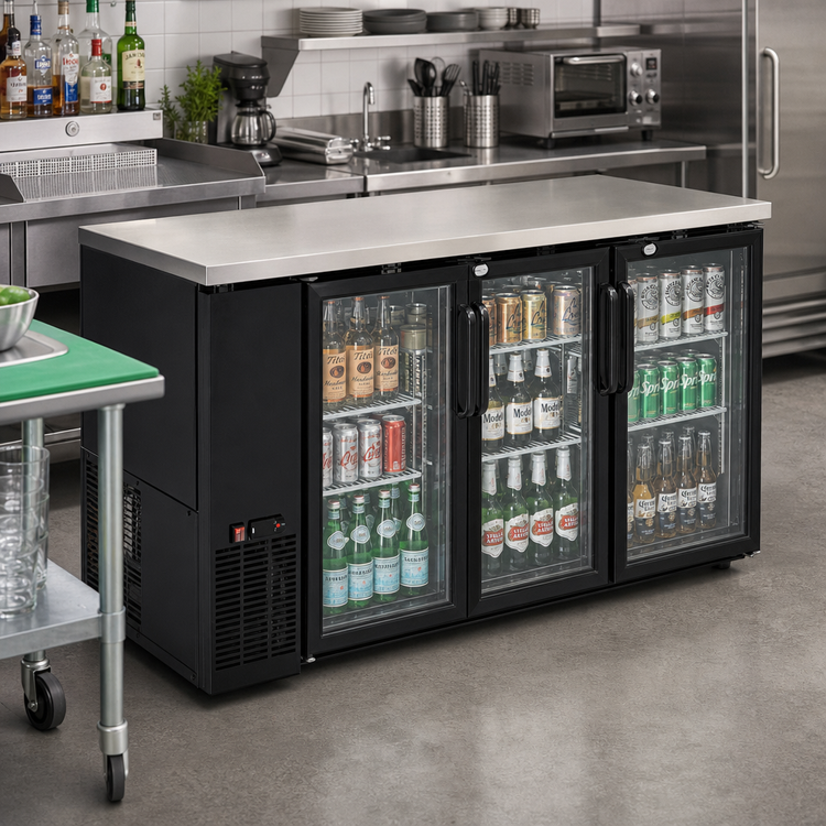 Product image #2 for BlendPort® Three-Section Reach-In Back Bar Cooler with Glass Doors, 72-3/4 Inch Wide, Stainless Steel Top