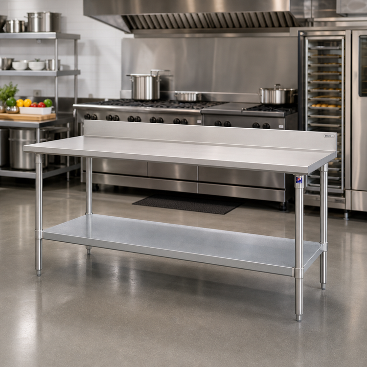 Product image #2 for John Boos Stallion 120-Inch W x 24-Inch D Stainless Steel Work Table with 5-Inch Backsplash and Galvanized Undershelf