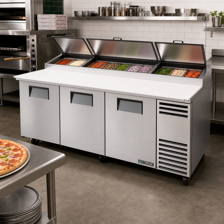 Product image #2 for True 93.5-Inch 3-Section Pizza Prep Table with 12-Pan Top and Side-Mounted Self-Contained Refrigeration