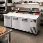 Thumbnail image #2 for True Mfg. - General Foodservice TPP-AT2-93-HC 93.5-Inch 3-Section Pizza Prep Table with 12-Pan Rail and Self-Contained Refrigeration