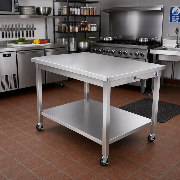 Product image #2 for ADA Adjustable-Height Stainless Steel Work Table with Fixed Undershelf and Locking Casters, 48-Inch x 30-Inch