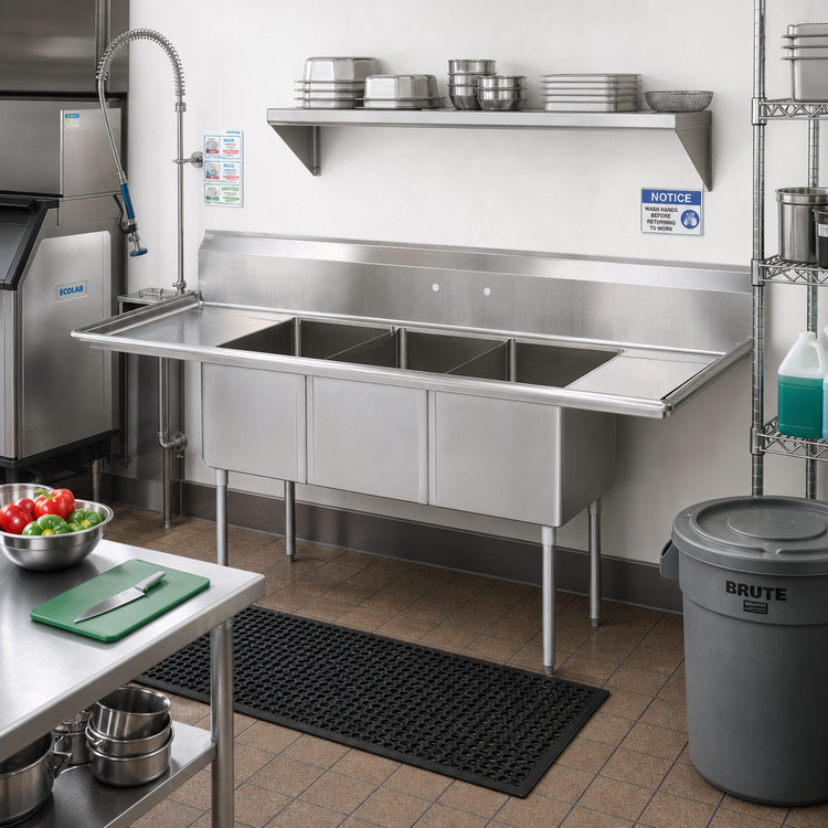 Product image #2 for BK Resources 90-Inch Three Compartment Stainless Steel Sink with Dual Drainboards and 9-Inch Backsplash