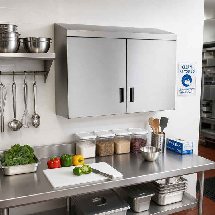 Product image #2 for Advance Tabco Wall-Mounted Enclosed Stainless Steel Storage Cabinet with 2 Hinged Doors and Shelf, 48 x 15 Inches