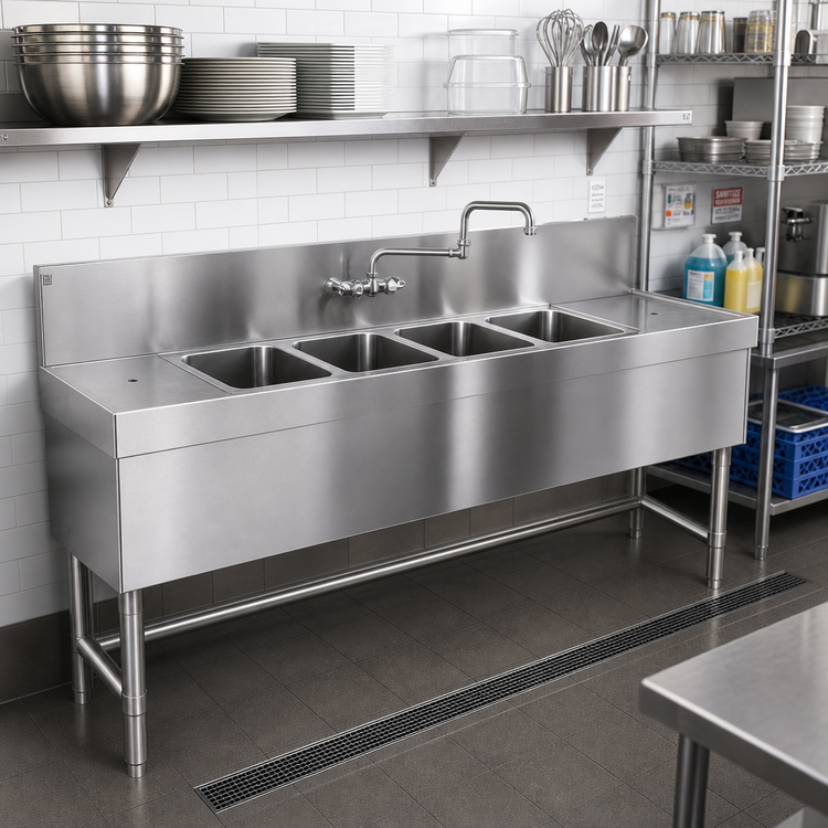 Product image #2 for Spec-Bar Four-Compartment Underbar Sink Unit with Left and Right Drainboards, 72 Inch x 19 Inch