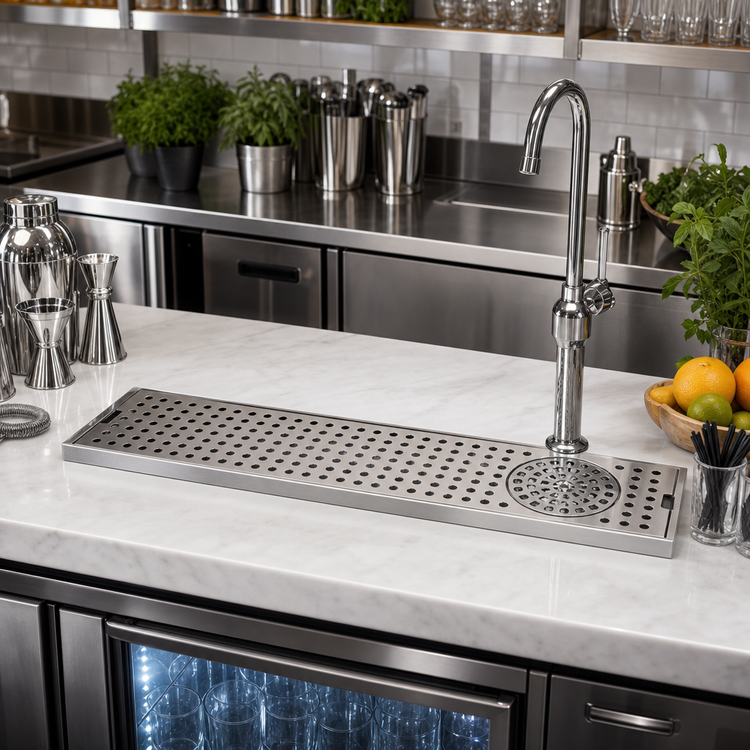 Product image #2 for 30-Inch Surface-Mount Stainless Steel Drip Tray Trough with Integral Glass Rinser