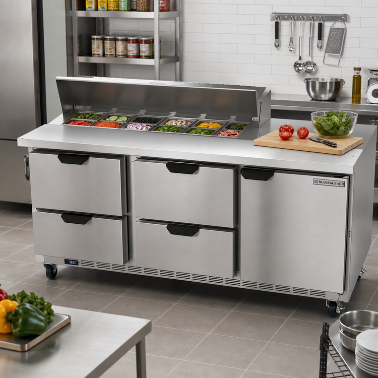 Product image #3 for Beverage-Air 72-Inch Three-Section Sandwich Prep Table Refrigerator with 12-Pan Top, 4 Drawers, and 1 Door