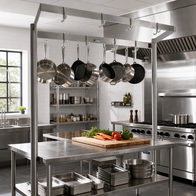 Product image #2 for John Boos PRD6 Table-Mounted Double-Bar Stainless Steel Pot Rack with 22 Double Hooks, 127-1/4 Inch Wide