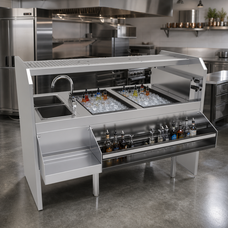 Product image #2 for Glastender 60-Inch Left-Workflow Assembly Pass-Thru Cocktail Station with 2 Ice Bins and 2 Wet Waste Sinks