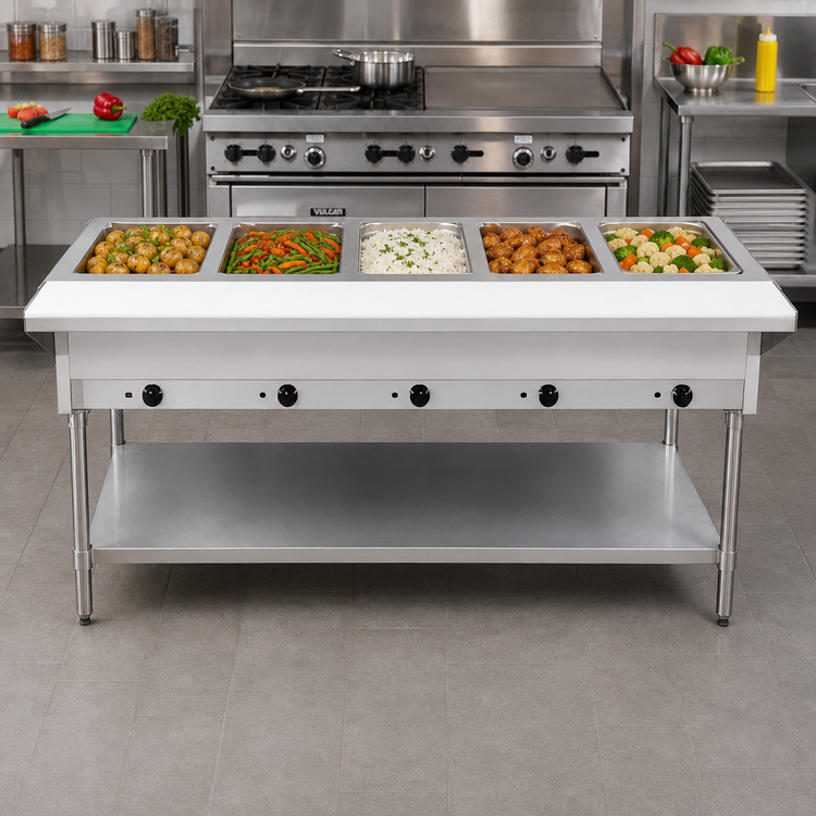Product image #2 for 72-Inch Natural Gas Open Well Stainless Steel Steam Table with 5 Full-Size Pan Capacity, Cutting Board, and Undershelf