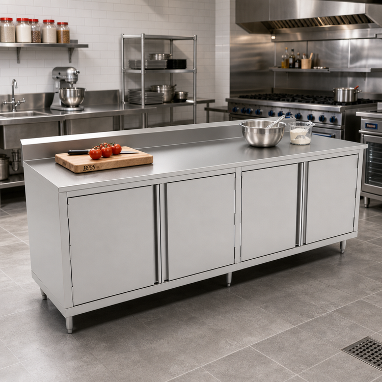 Product image #2 for John Boos Enclosed Work Table with Cabinet Base, 108-Inch x 30-Inch, 16-Gauge 300-Series Stainless Steel Top, 5-Inch Backsplash