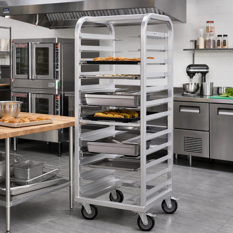 Product image #2 for New Age Lifetime Series Heavy-Duty Aluminum Stepped-Angle Bun Pan Rack, 13-Slide, 73 Inch Tall, With Casters