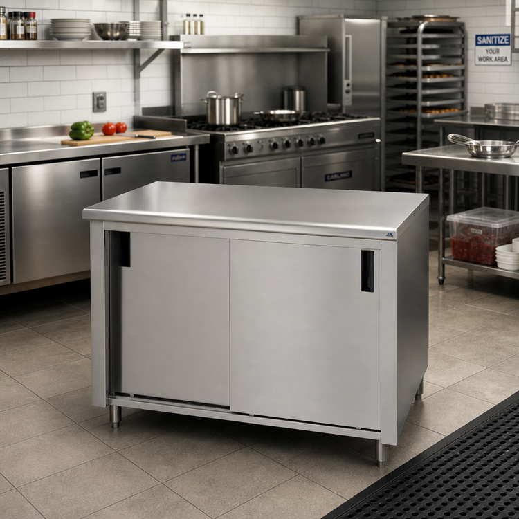 Product image #2 for Advance Tabco Special Value Series Economy Enclosed Work Table with Sliding Doors, 48 x 24 Inch, 16-Gauge 304 Stainless Steel Top