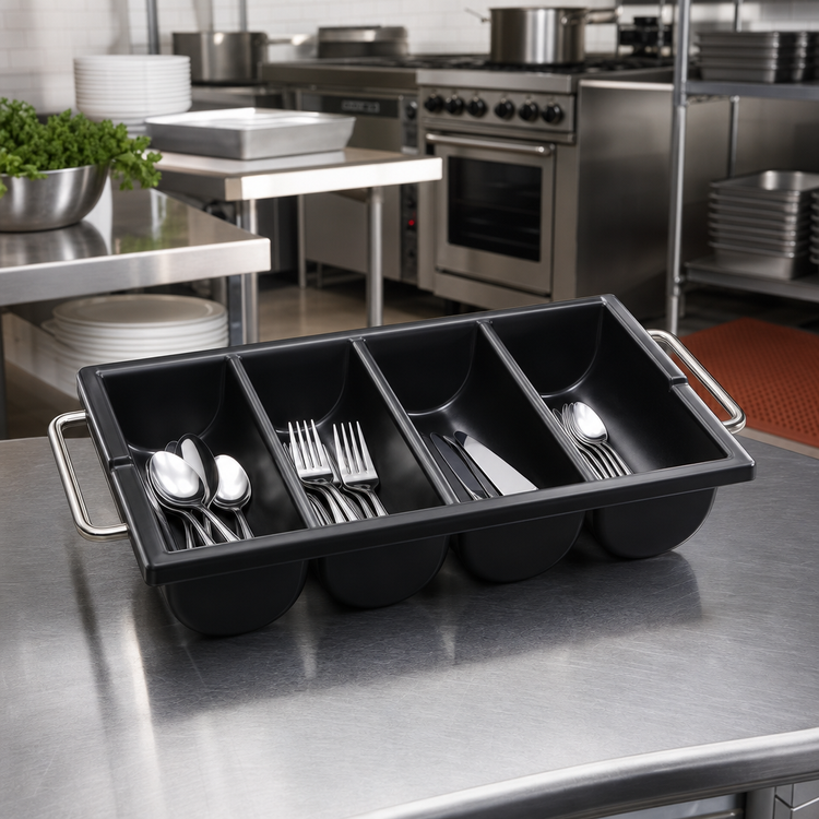 Product image #2 for Traex 4-Compartment Silverware Cutlery Box with Handles, Black