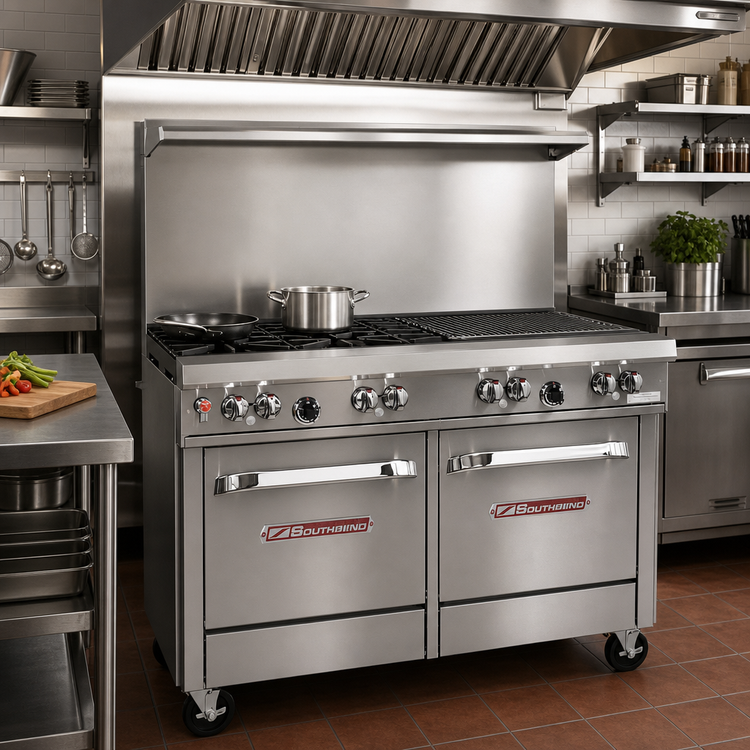 Product image #2 for Southbend Ultimate 48-Inch Commercial Gas Restaurant Range with 4 Star/Saute Burners, 24-Inch Charbroiler, Standard Oven, and Cabinet Base