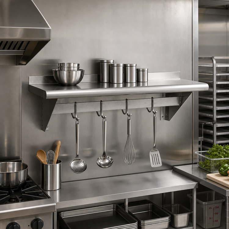 Product image #2 for Steel Works Stainless 60-Inch Wall Shelf with Pot Rack, 304 Stainless Steel, 5 Hooks