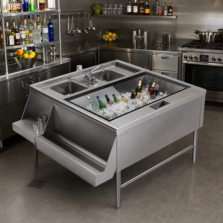 Product image #2 for Advance Tabco Prestige Double Service Station with Pass-Thru Ice Bin, 10-Circuit Cold Plate and 2 Hand Sinks, 42 x 42 Inches