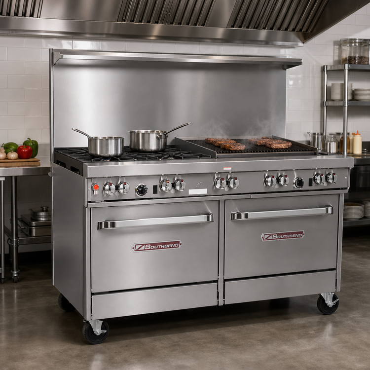 Product image #2 for Southbend Ultimate 60-Inch Gas Restaurant Range with 4 Open Burners, 36-Inch Charbroiler, Convection Oven, and Cabinet Base