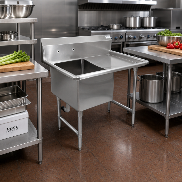 Product image #2 for John Boos B Series 1-Compartment Stainless Steel Sink with Right Drainboard, 18 x 24 x 14 in Bowl, 10 in Backsplash
