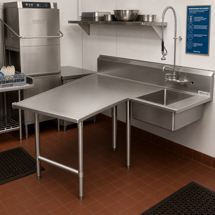 Product image #2 for John Boos Pro-Bowl L-Shaped Soiled Landing Dishtable with 20" x 20" Sink Bowl, 10" Landing Shelf, Left-to-Right, 70" Machine-to-Corner x 108" Corner-to-End, Stainless Steel