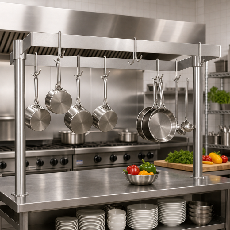 Product image #2 for BK Resources 48-Inch Adjustable Table-Mount Stainless Steel Pot Rack with 16 Double-Prong Hooks