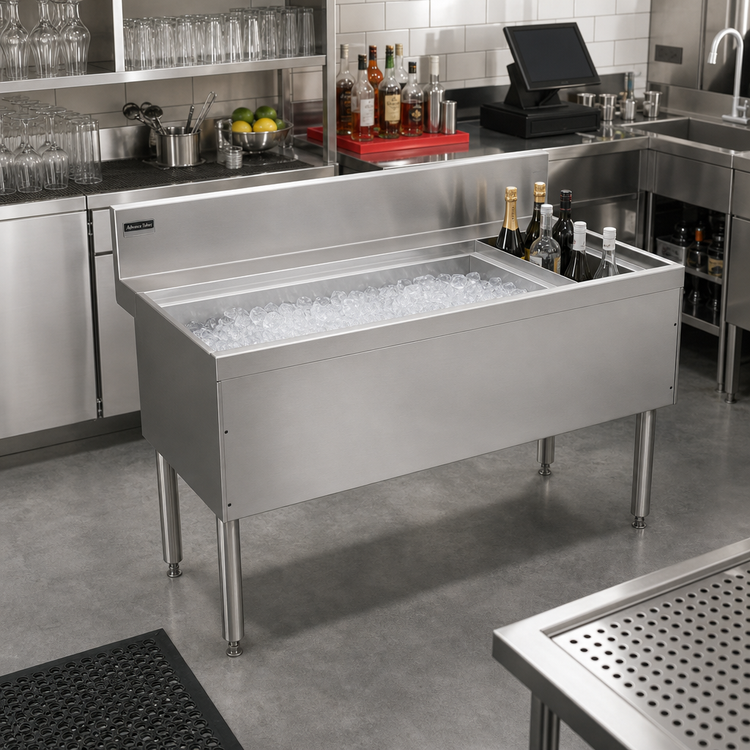 Product image #2 for Advance Tabco Prestige 36-Inch Stainless Steel Bar Ice Bin with Right-Side Bottle Storage Rack, 70 lb Ice Capacity, Without Cold Plate