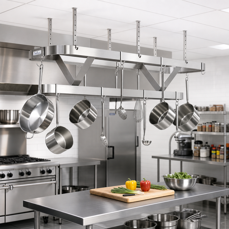 Product image #2 for Advance Tabco Ceiling-Mounted Triple-Bar Stainless Steel Pot Rack, 36 x 22 Inches