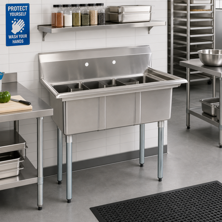 Product image #2 for Omcan Space Saver 3-Compartment Sink with No Drainboard, Corner Drain, 304 Stainless Steel