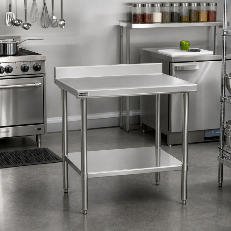 Product image #2 for Spec-Master Marine Series 30" x 30" Stainless Steel Work Table with 4-1/2" Backsplash and Adjustable Undershelf
