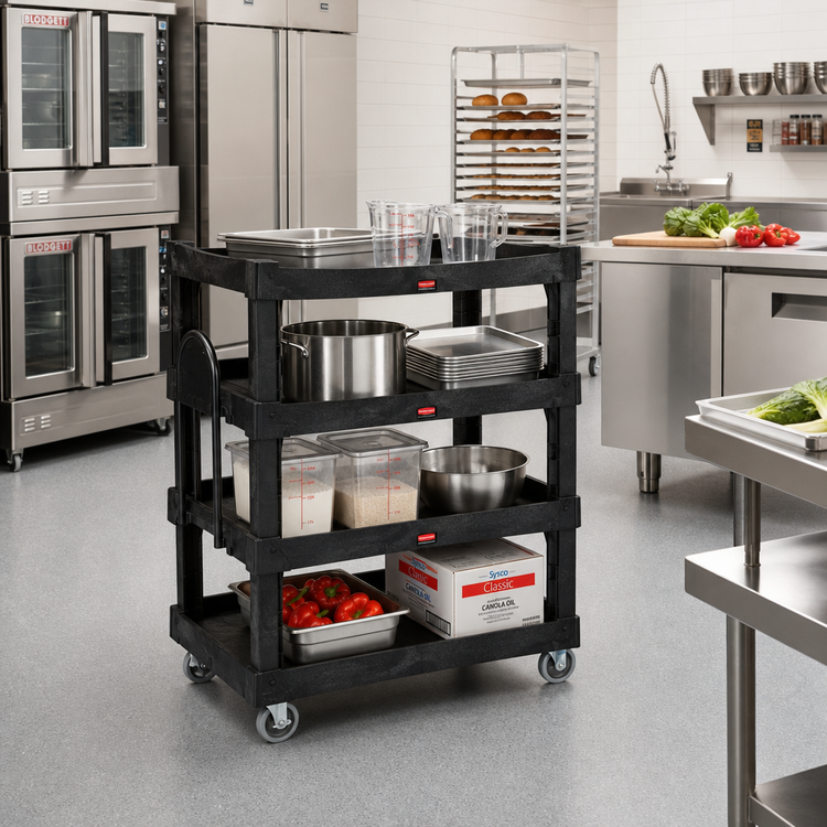Product image #3 for Rubbermaid Commercial Ergo Heavy-Duty Open-Side 4-Shelf Utility Bus Cart, 55-5/16 x 26-1/2 In., 700 lb. Capacity, Black