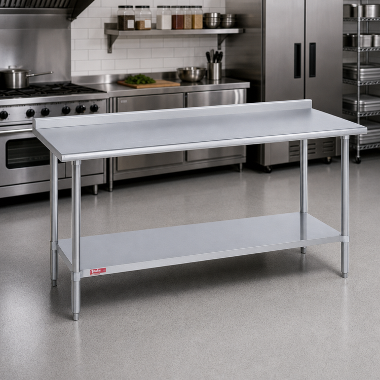 Product image #2 for Duke 60-Inch x 24-Inch 16-Gauge 300-Series Stainless Steel Work Table with 1-1/8-Inch Riser and Stainless Undershelf