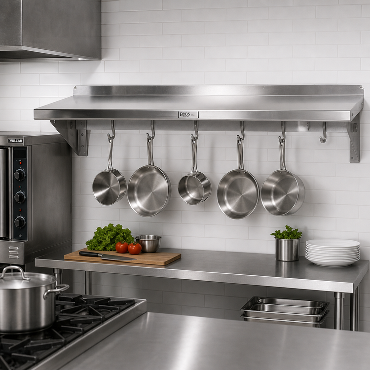 Product image #2 for John Boos Stallion 48-Inch Wall-Mount Stainless Steel Shelf with Pot Rack
