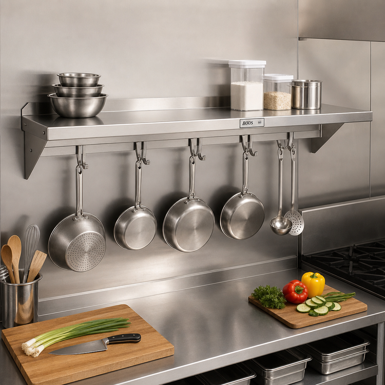 Product image #2 for John Boos Stallion 48-Inch Wall-Mount Stainless Steel Shelf with Pot Rack
