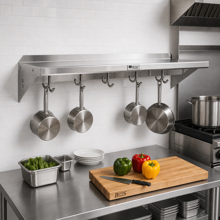 Product image #2 for John Boos Stallion 48-Inch Wall-Mount Stainless Steel Shelf with Pot Rack