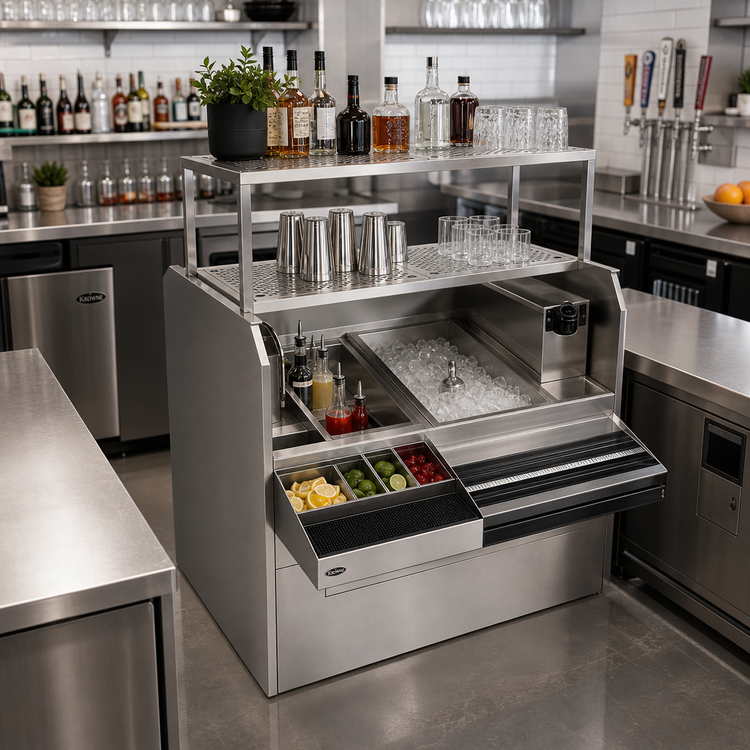 Product image #3 for Krowne Royal Series 42 Inch Wide Pass-Thru Underbar Ice Bin/Cocktail Station with Right-Side Ice Bin and 10-Circuit Cold Plate