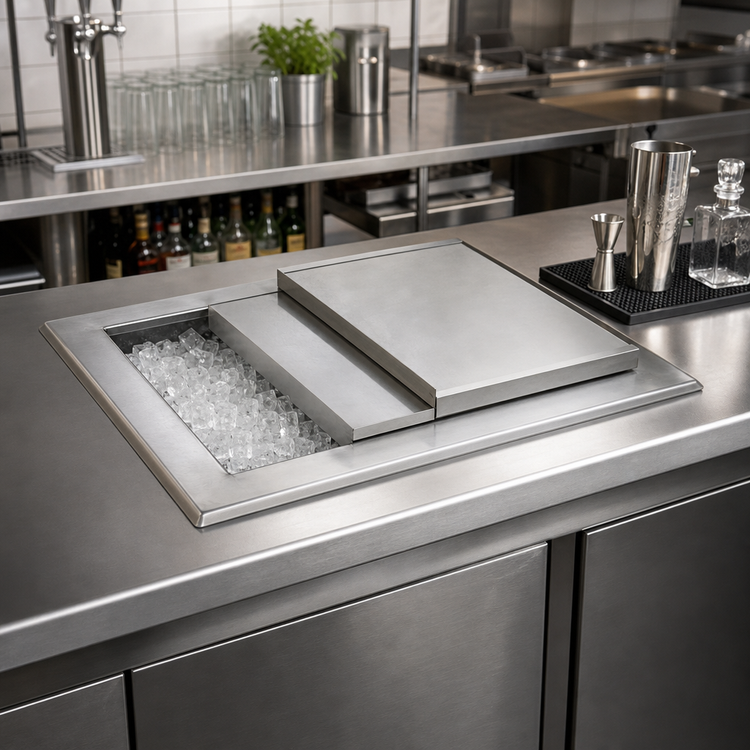 Product image #2 for BK Resources Drop-In Ice Bin with Sliding Cover, 28 x 18 Inches, 304 Stainless Steel