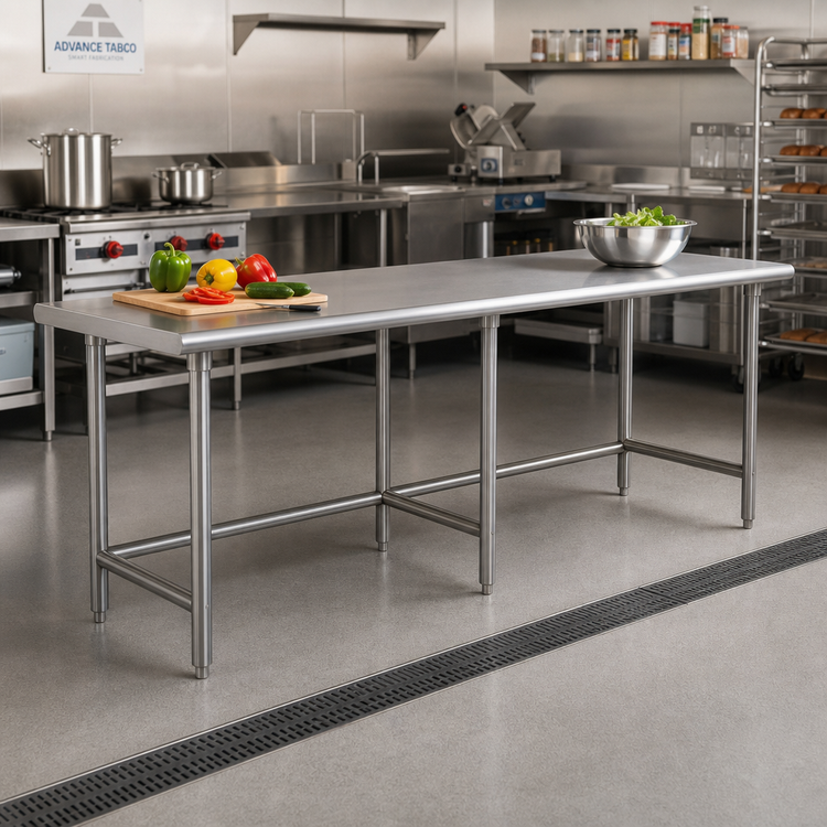 Product image #2 for Advance Tabco Super Saver Flat Top Open Base Work Table, 144"W x 30"D, 16-Gauge 430 Stainless Steel