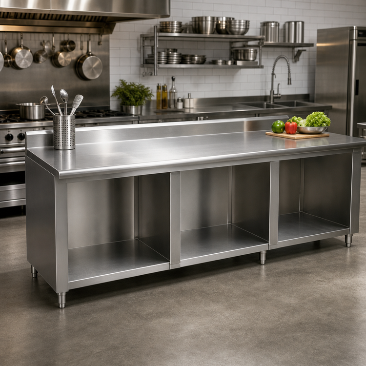 Product image #2 for Advance Tabco 108" x 30" 14-Gauge 304 Stainless Steel Work Table with 5" Backsplash and Open Front Cabinet Base